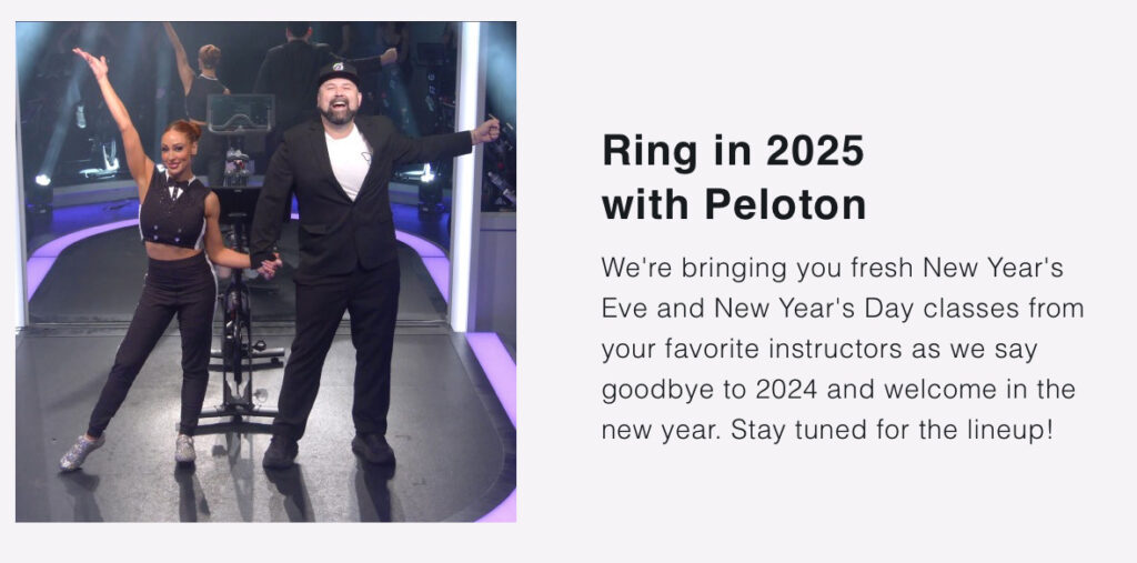 Peloton workouts to watch email highlighting New Year's classes.